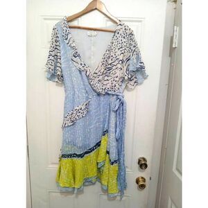 Tanya Taylor Women size 14 blue green wrap flutter linen spring summer sun dress